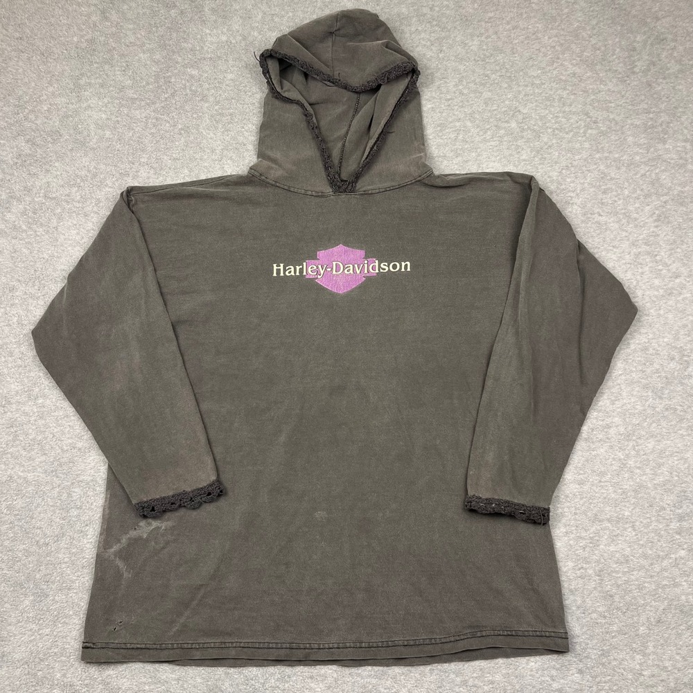 VTG Harley Davidson Hooded Shirt Large Gray 3/4 Sleeve Crochet Trim Distressed